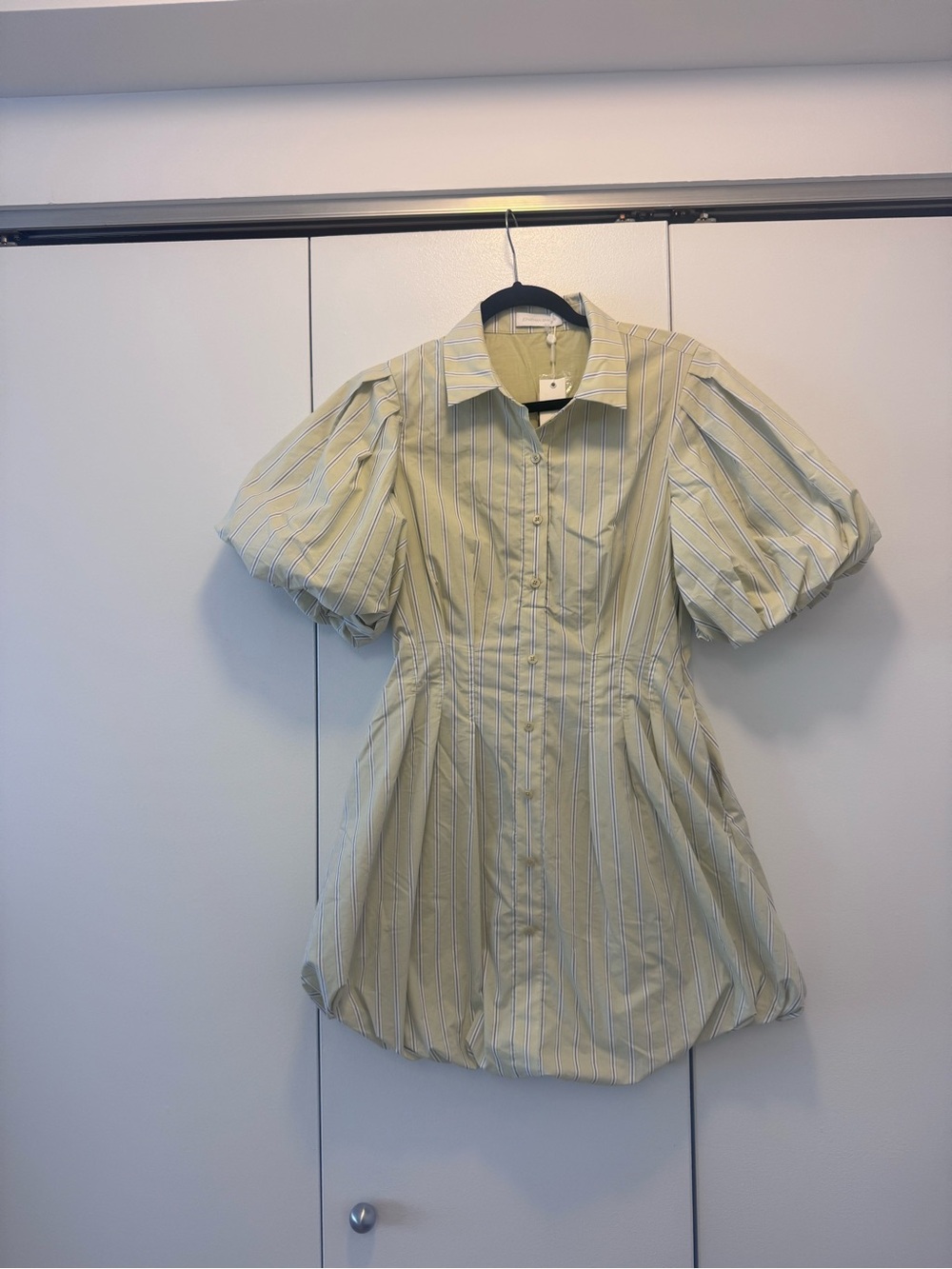 Jonathan Simkhai Striped Puff-Sleeve Shirt Dress in Light Green
